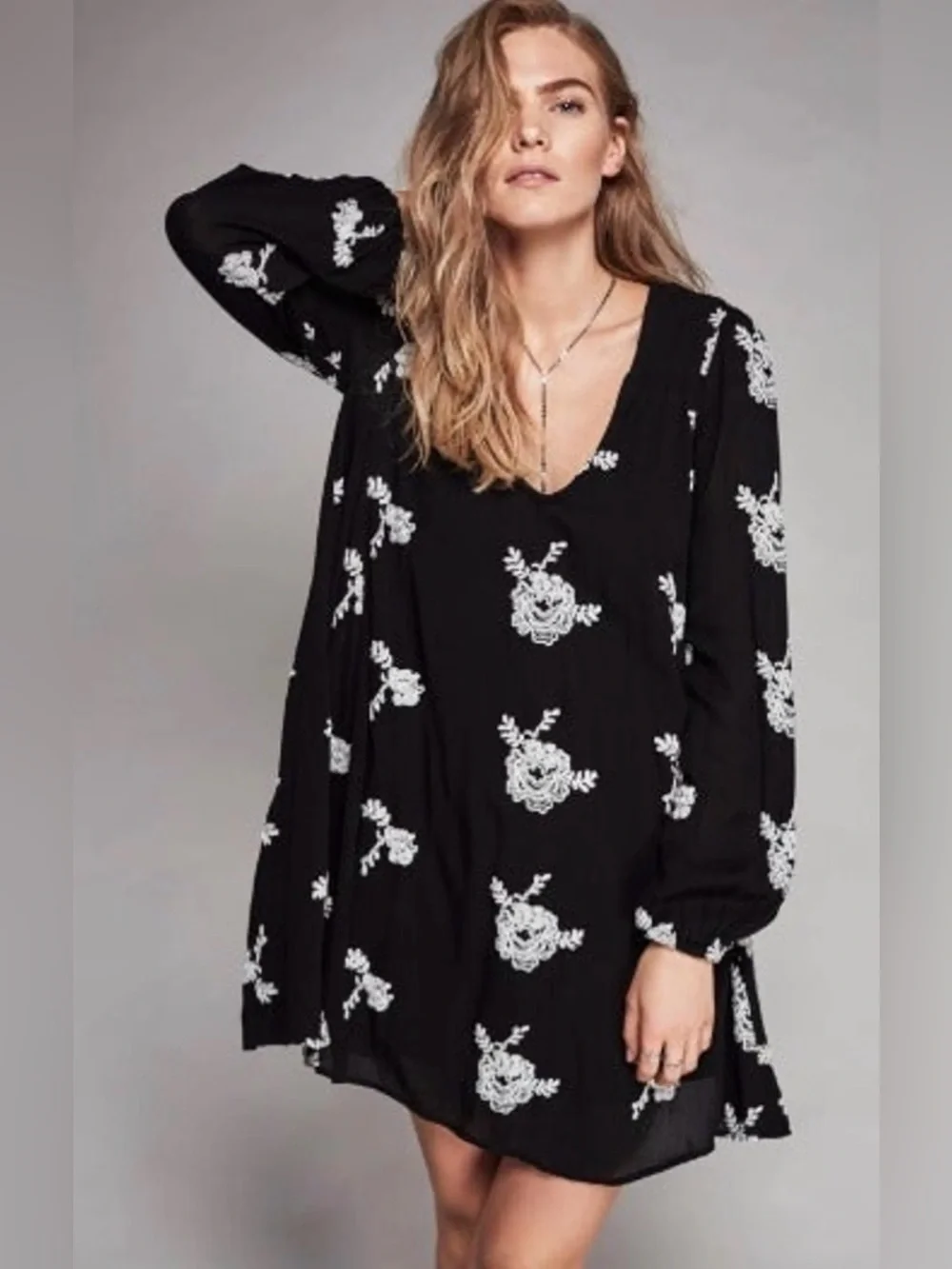 Free People Embroidered Austin Mini Dress black/white